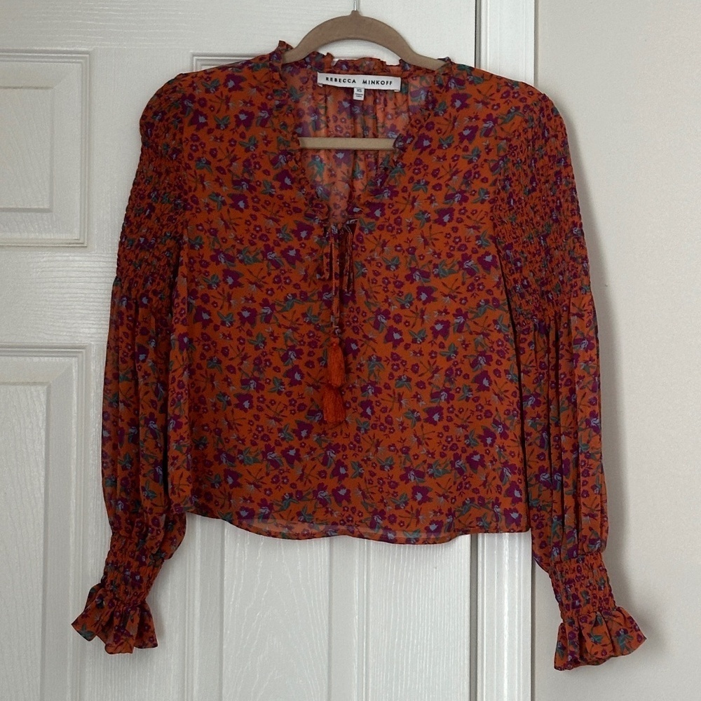 Rebecca Minkoff Floral Smocked Peasant Blouse Tassel Tie Top Cropped XS Boho
